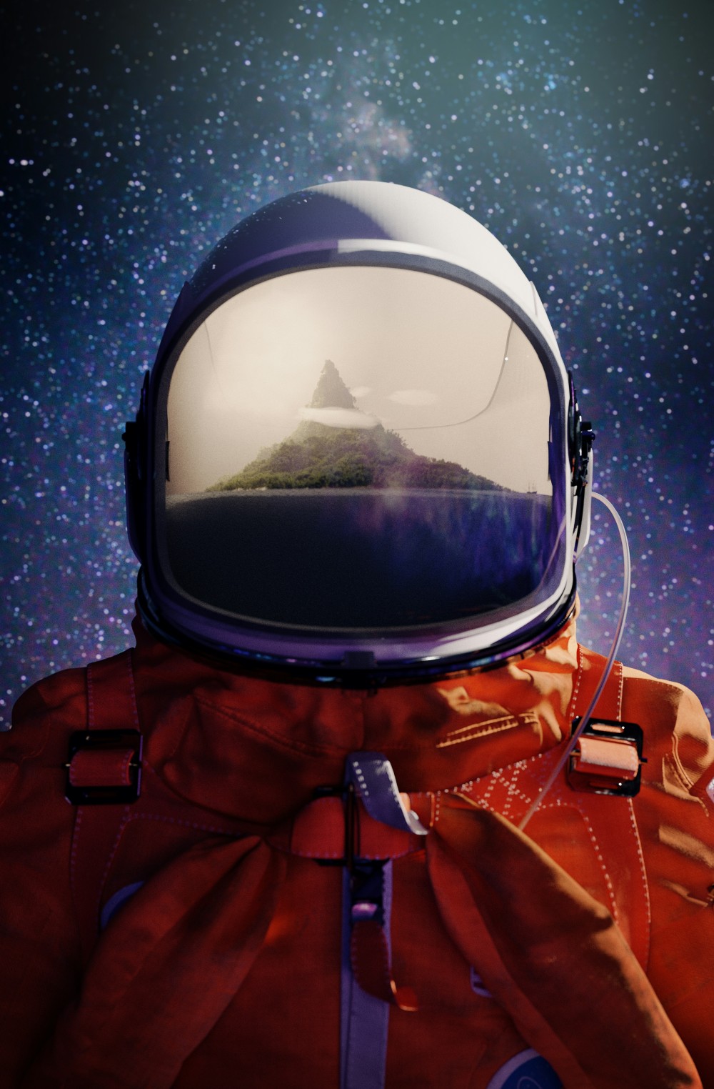 An Astronaut floating in space with the reflection of a mountain in their visor
